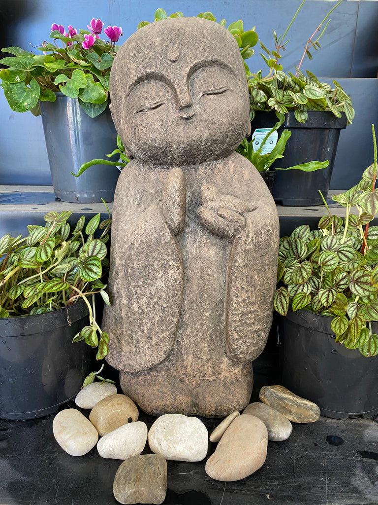 Fiber Stone Monk Holding Bird 46.5cm