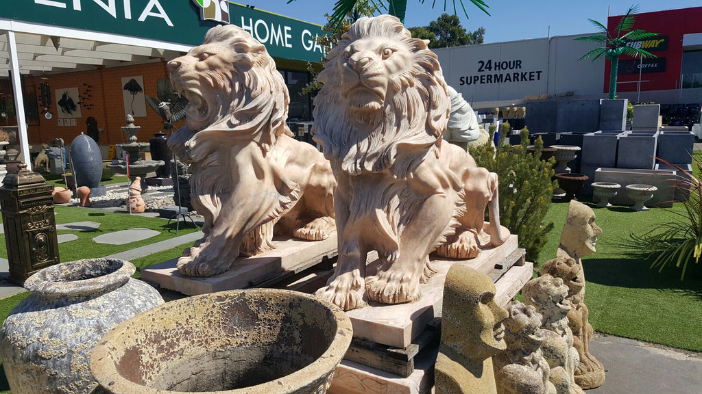 Marble Pink Sitting Lion Statue(pair)